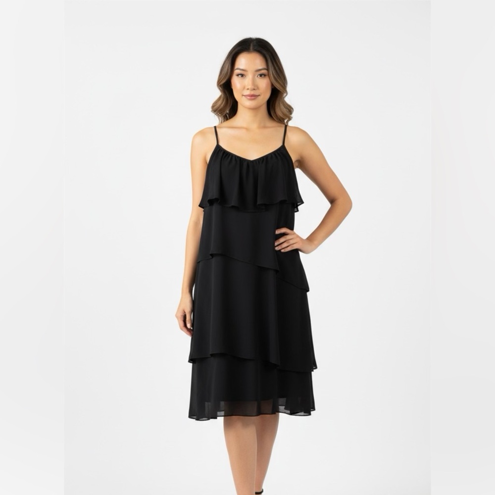 Elegant Black Layered Dress. Ptp 19” lenght 38” adjustable